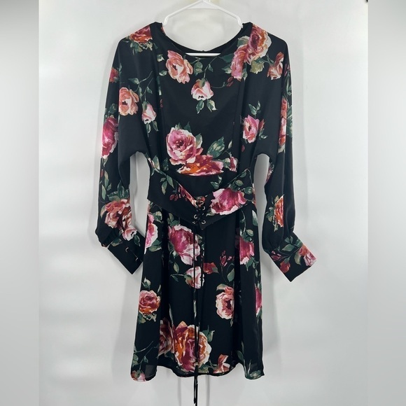 Everly Womens Pink Black Floral Long Sleeve Dress With Lace Up Waist Size S - Picture 7 of 10